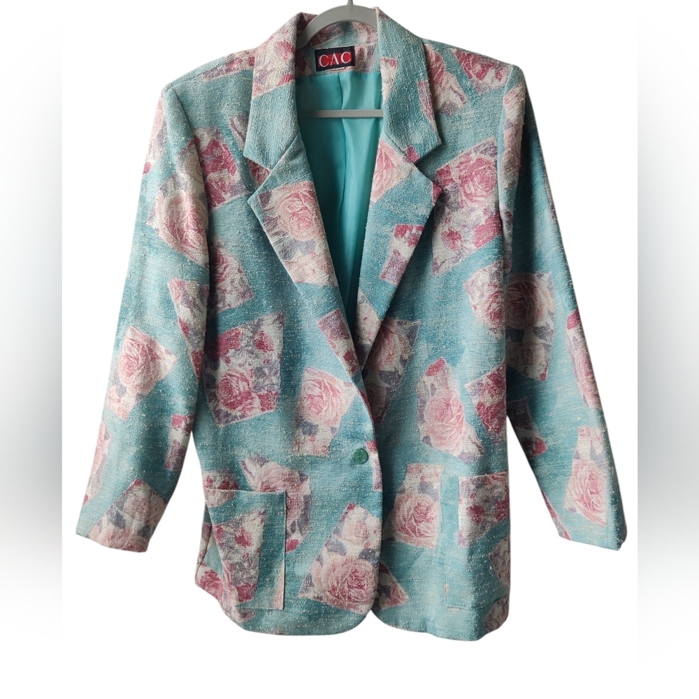 Vintage Floral Blazer Pastel Teal Pink Roses 80s 90s Cottagecore Indie
